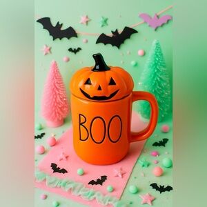 BOO Pumpkin Mug w Jack O’Lantern Lid Orange Halloween Coffee Cup NWT